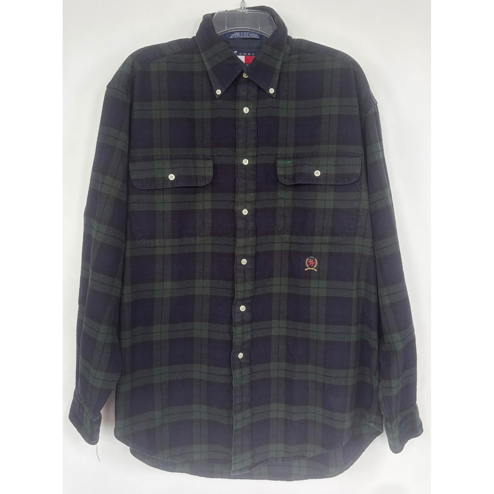 Vintage Tommy Hilfiger Blackwatch Plaid Flannel Button Shirt Mens Large Green LS